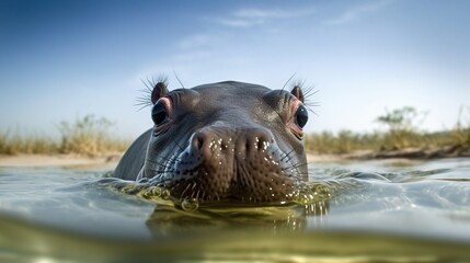 Cute hippo swimming underwater. Generative AI.