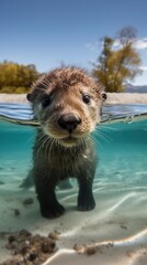 Fototapeta premium Cute sea otter swimming underwater. Generative AI.