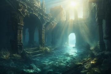 ancient mystical city submerged underwater. generative AI