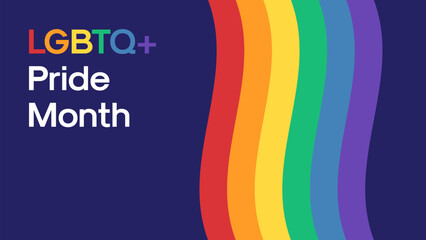 LGBTQ+ Pride Month Banner. LGBTQ+ Pride Month Text on Dark Blue Background with Pride Flag Illustration. Vector Banner Template for Pride Month
 - obrazy, fototapety, plakaty