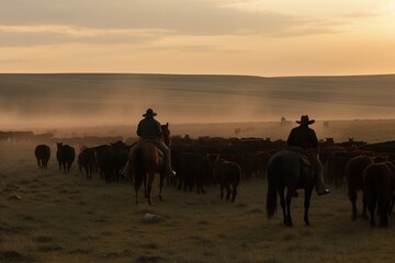 Fototapeta na wymiar Cowboys herd cattle. Generative AI.
