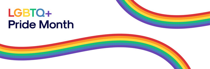 Pride Month Banner with Rainbow Stripes. Vector Design for LGBTQ+ Pride Month Web Banner with Text and Rainbow Pride Flag Stripes on White Background. Design Template for Gay Pride Banner. - 598727374