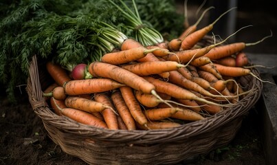  a basket filled with lots of carrots next to a pile of greens.  generative ai