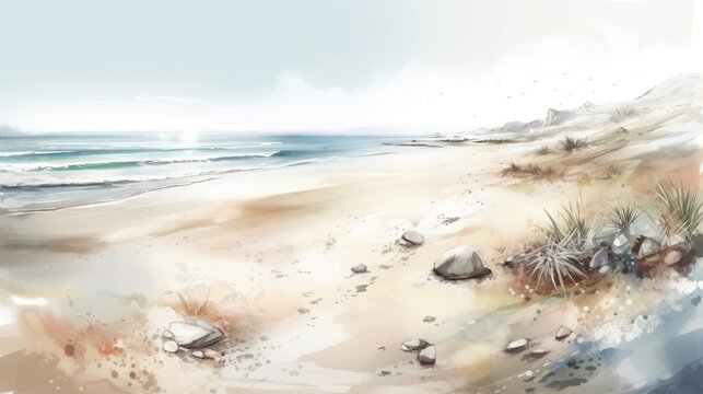 Watercolor in very light and pale pastel colors, showing landscape of the coast, a few small seashells gathered on the sand. Generative AI.