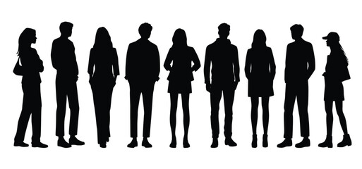 Vector silhouettes of  men and a women, a group of standing  business people, profile, black color isolated on white background