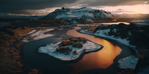 AI Generated. AI Generative. Macro shot aerial drone view of Iceland landscape scene. Cinematic adventure explore vibe. Graphic Art