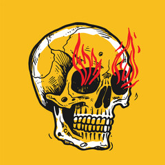 vintage sketchy skull with flames coming out of the eyes - 598728538