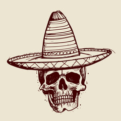 vintage sketchy skull with mexican sombrero