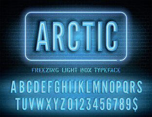 Blue box neon font with numbers on dark brick wall background. Vector arctic night light box sign Generative AI