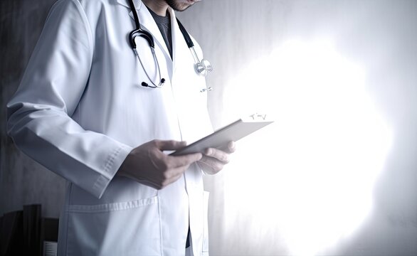 Quality Medical Services. Unrecognizable Male Doctor In Uniform Taking Notes To Clipboard While Standing In Hospital Corridor, Cropped Image, Panorama created with Generative AI technology