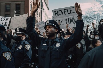 Police officers protesting in the streets for better work conditions. Generative AI