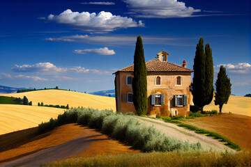 Fototapeta premium Typical Tuscan old farmhouse with a beautiful landscape in the background. View on the facade. Illustration