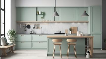 Fototapeta na wymiar Frame mockup in Scandinavian kitchen interior, 3d render, Bright color. Generative Ai