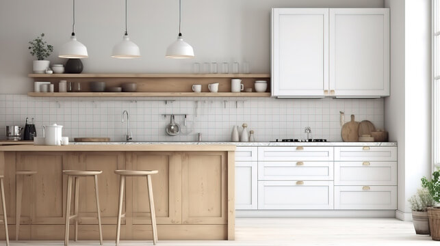 Frame mockup in Scandinavian kitchen interior, 3d render, Bright color. Generative Ai