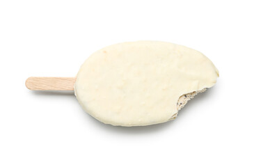 Tasty bitten chocolate covered ice cream isolated on white background