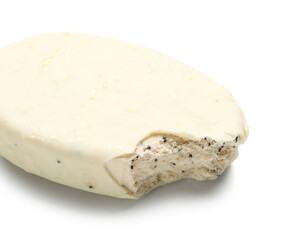 Tasty bitten chocolate covered ice cream isolated on white background