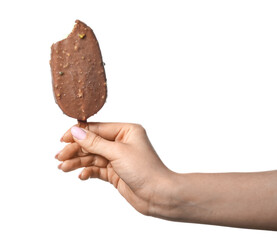 Woman holding tasty bitten chocolate covered ice cream on white background