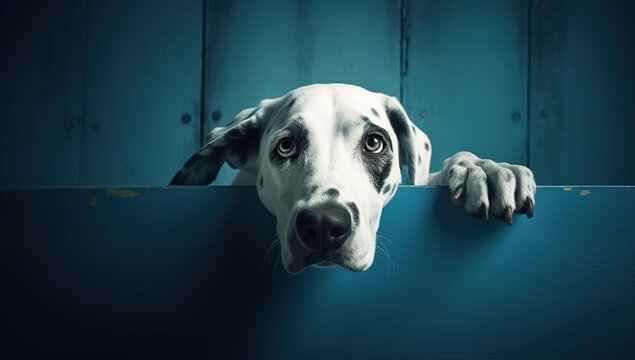 Dalmatian cute dog peeking behind blue wall. Generative AI