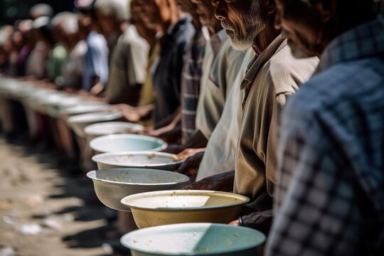 Line of hungry refugees waiting for receiving food. Close up shot. Generative AI