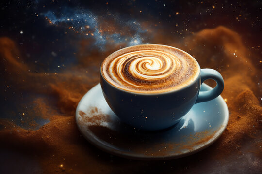 coffee with latte art depicting a swirling galaxy. generative AI