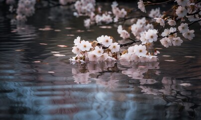  a branch of a tree with white flowers in the water.  generative ai