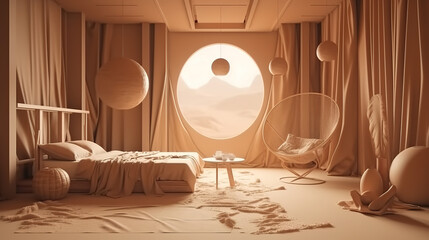 Contemporary nomadic home interior background in warm beige tones. Generative Ai