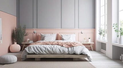 Home interior mock-up, blank wall in Scandinavian bedroom interior. Generative Ai