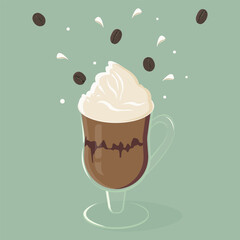 Cup of coffee with chocolate coffee beans and drops of milk. Card, invitation, menu for cafe and restaurants, decoration, paper.