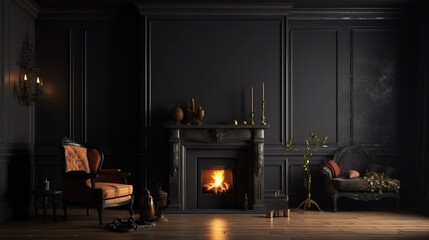 Home mockup, dark classic interior with burning fireplace, 3d render. Generative Ai