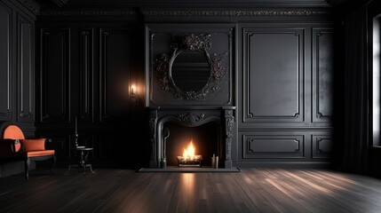 Fototapeta premium Living room interior with white fireplace, books, vases, photo frame. Generative Ai