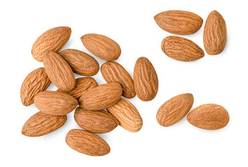 a bunch of scattered almonds on a white isolated background, top view