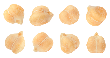 individual grains of chickpeas from different angles, on a white isolated background
