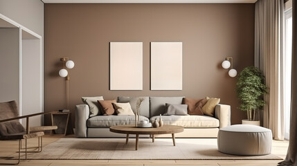 Poster frame mock-up in home interior background, living room. Generative Ai