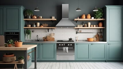 Wall mockup in kitchen interior background, Farmhouse style, 3d render, Bright color. Generative Ai
