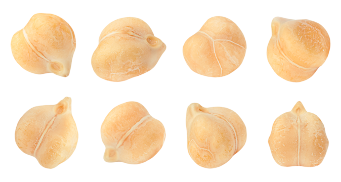 individual grains of chickpeas from different angles, on a white isolated background