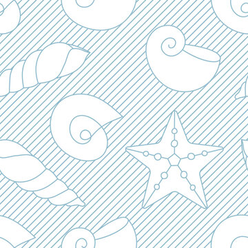 Sea shell vector seamless pattern. Textured seashells, stars background. Line doodle shapes on light blue, underwater vintage fabric, wrap Generative AI