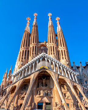 Facade of Sagrada Familia cathedral in Barcelona, Spain