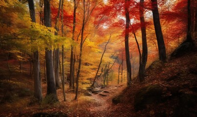  a painting of a path in a forest with trees in fall colors.  generative ai