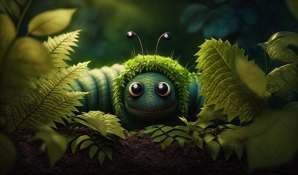 Smiling Big-eyed Green Caterpillar On The Ground. Animated Worm In The Green Nature Backdrop. Generative AI.