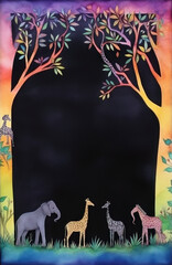 AI generated frame with Children's drawing of a tree and animals on a black background