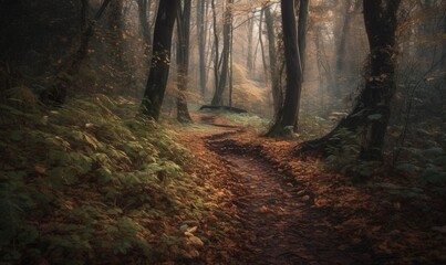 Obraz premium a path through a forest with lots of trees and leaves. generative ai