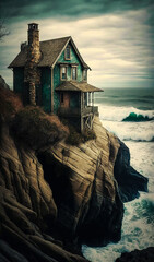 Old stone house right on the cliff. Beautiful old-fashioned dwelling on the rock over the sea. Generative AI.