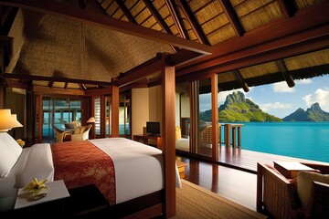 A hotel complex with bungalows on the Bora Bora islands, generative AI. - obrazy, fototapety, plakaty