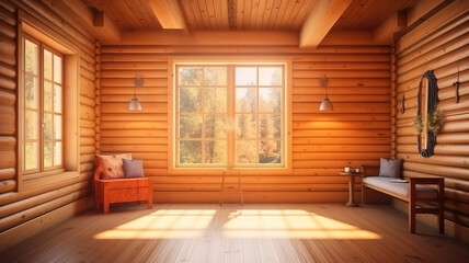 Obraz na płótnie Canvas Home mockup, cozy log cabin interior background, 3d render. Generative Ai