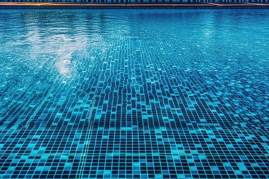 The bottom of the pool is covered with mosaic tiles, the pool is filled with water, generative AI.