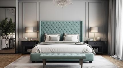 Mockup frame in luxury Hampton style bedroom interior. Generative Ai