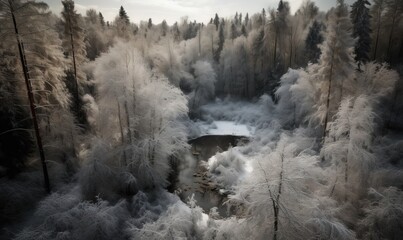  an aerial view of a river surrounded by trees covered in snow.  generative ai