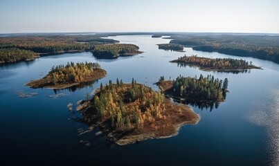  an aerial view of a lake surrounded by trees in the middle of a forest.  generative ai