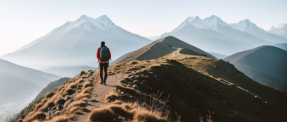 Hiking on a beautiful sunny summer day. Scenic panoramic landscape, generative ai.