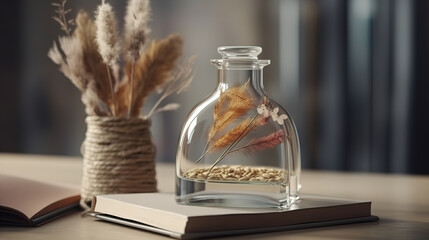 Vase with dry flower and book close up in home interior background. Generative Ai